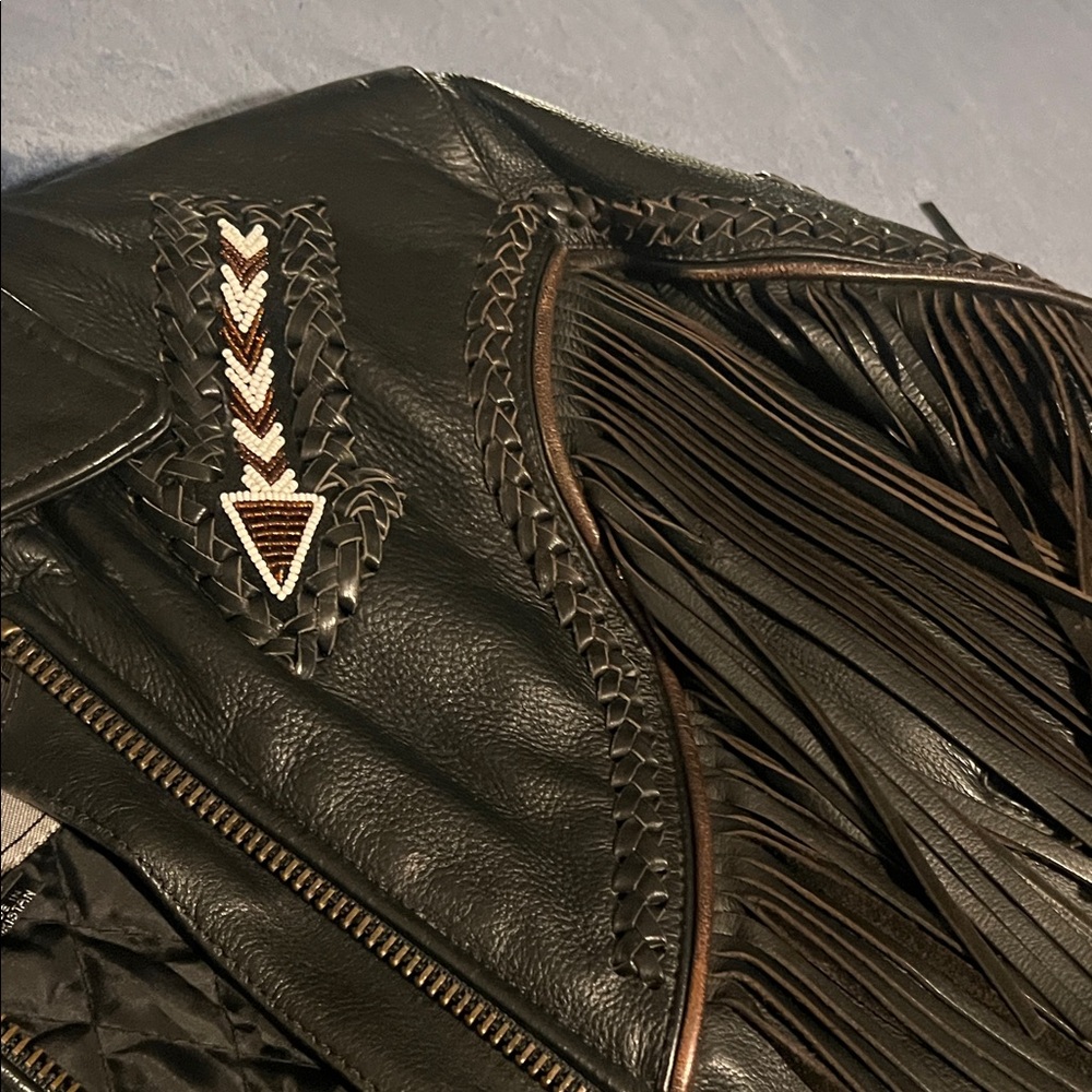 Vintage Unik Black Leather Jacket with Fringe, Beads & Braiding - Picture 4 of 16
